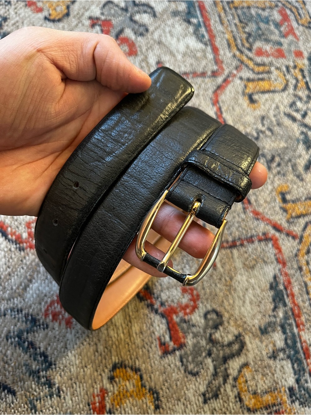 Classic Black Men's Belt with Gold-Tone Buckle Genuine African Buffalo Size 40